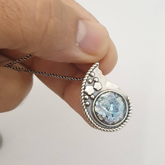 Ancient Roman Glass Necklace Teardrop Shape Sterling Silver with Bead Chain Ancient Roman Glass Necklace Teardrop Shape Sterling Silver with Bead Chain