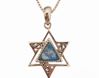 David star silver pendant,roman glass necklace,handmade filgree design pendant,silver chain,star of david ancient roman glass silver pendant