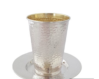 Sterling Silver Kiddush Cup & Plate, Hammered 925 Silver Cup, Israeli Judaica Wedding Gift, Shabbat Kiddush Goblet