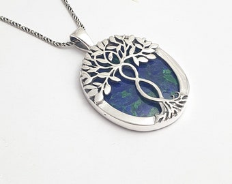 Big  oval Tree of life silver pendant, Eilat stone tree of life pendant,Azurite Malachite pendant, amazing design,israeli designer