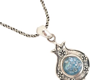 Delicated silver pendant,pomegranate pendant,silver roman glass pendant pomegranate design,israeli designer,roman glass jewelry