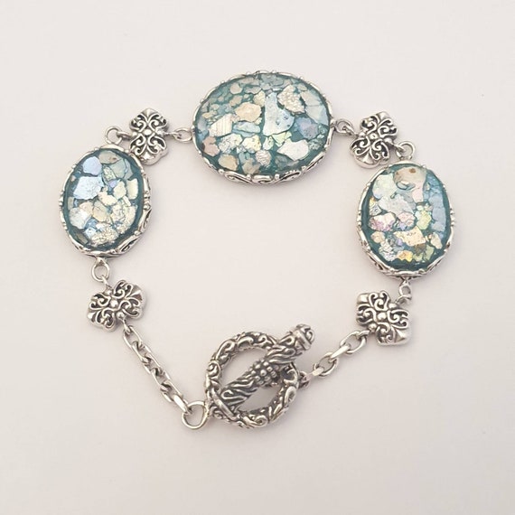 Ancient Roman Glass Bracelet Antiqued Sterling Silver Handmade in Israel Ancient Roman Glass Bracelet Antiqued Sterling Silver Handmade in Israel