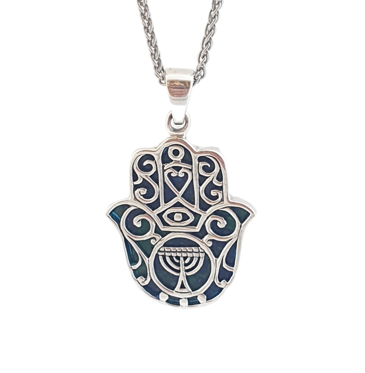 925 silver pendant set with eilat stone in Hamsa design , against the evil eye, with the lamp menora symbol