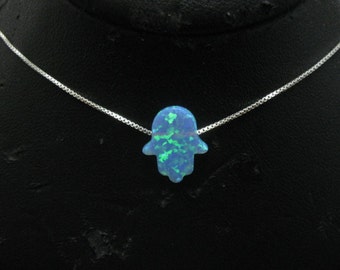OPAL hamsa necklace , hamsa opal silver chain  ,blue hamsa opal, opal hamsa necklace , judaica opal hamsa
