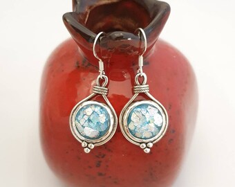 Roman glass silver earring ,ancient roman glass silver earring,amazing dalicate drop roman glass earring,unique earring,israeli designer
