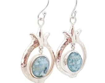 Granatapfel Ohrring aus Sterling Silber mit altem römischen Glas Ohrring