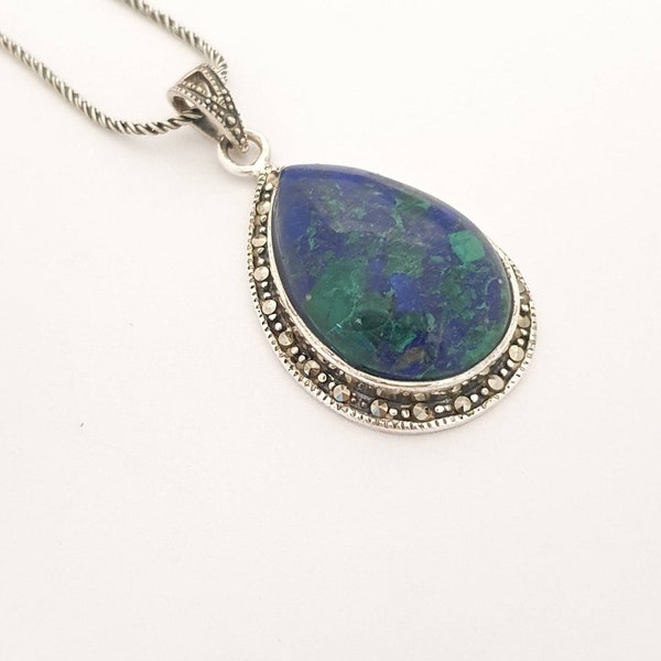 Eilat stone israeli pendant, Eilat stone handmade pendant,Azurite Malachite pendant, amazing design,marcasite stones,Sale price now!!