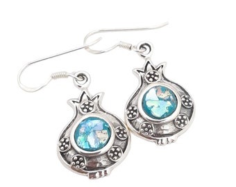 Pamogranet roman glass silver earring, israeli design,amazing pamogranet silver earring,gift for her,roman glass jewelry,ancient jewelry