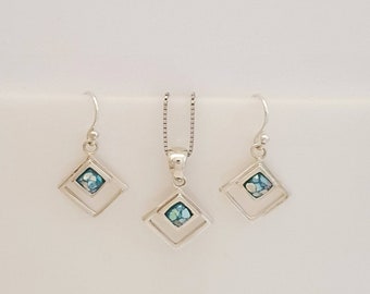 SALE!! Ancient roman glass sterling silver rhombus set,necklace and earrings ,antique roman glass silver necklace,design roman glass earring