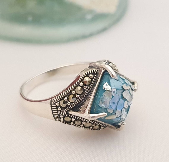Ancient Roman Glass Ring with Marcasite Band Sterling Silver Ancient Roman Glass Ring with Marcasite Band Sterling Silver