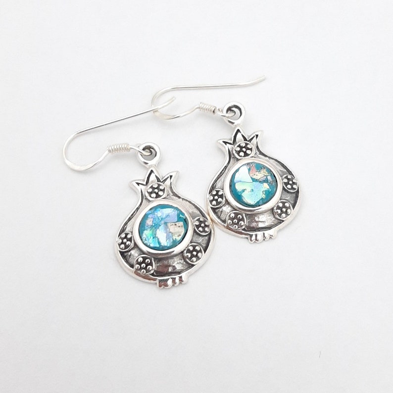 Pamogranet roman glass silver earring israeli design,amazing pamogranet silver earring,gift for her,roman glass jewelry,ancient jewelry