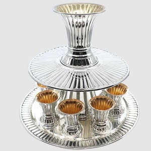 Sterling Silver Striped Kiddush Wine Fountain with 8 Cups