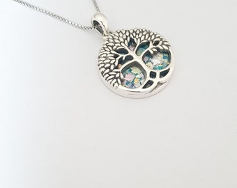 Amazing tree of life silver pendant set with ancient roman glass, israeli designer,great gift from the holy land