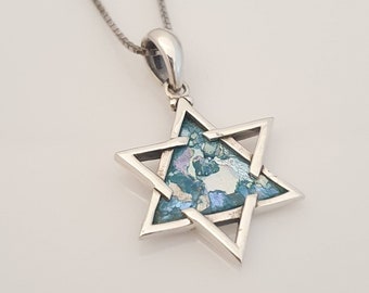David star silver pendant,roman glass necklace,handmade roman glass pendant,925silver chain,star of david ancient roman glass silver pendant