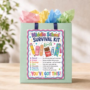 May include: A light green gift bag with colourful tissue paper and a Middle School Survival Kit sign. The sign features illustrations of a pencil, eraser, bandage, mint, chocolate, paperclip, and bookmark with text explaining each item's purpose.