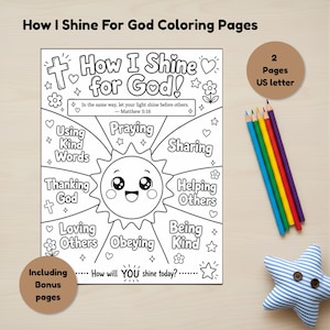 May include: A coloring page titled "How I Shine For God!" features a smiling sun illustration surrounded by words like "Praying" and "Sharing." The image includes a set of colored pencils and a star-shaped pillow. The text also includes "Bonus pages."