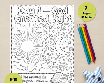 7 Days Of Creation Bible Coloring Pages For Ages 6-10, Genesis Lesson Activity