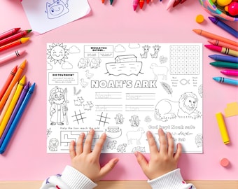 Noahs Ark Activity Placemat, Kids Bible Activity Sheets, Sunday School Crafts For Fun Learning, Christian Educational Games