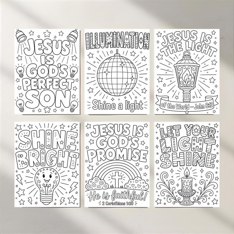 Pu&ograve; includere: Sei pagine da colorare in bianco e nero con temi religiosi. Ogni pagina presenta testo e illustrazioni stimolanti, tra cui lampadine, una palla da discoteca, una lanterna, un arcobaleno e una candela. Le frasi includono "Ges&ugrave; &egrave; il Figlio perfetto di Dio" e "Lascia che la tua luce risplenda."