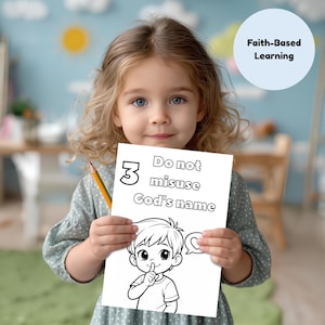 May include: A young girl holds a white paper with the text "Do not misuse God's name" and an illustration of a child. A pencil is visible. The image also includes a blue circle with the text "Faith-Based Learning".