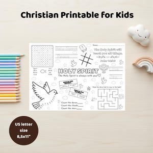 May include: Black and white Christian printable for kids with the text "Christian Printable for Kids". Includes a word search, tic-tac-toe, and a maze. The paper size is 8.5x11 inches.