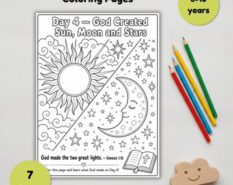 7 Days Of Creation Bible Coloring Pages, Ages 6-10, Sunday School Activity