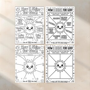 May include: Four black and white coloring pages with the text "How I Shine for God!" and a smiling sun illustration. The pages include prompts like "Using Kind Words" and "Praying".