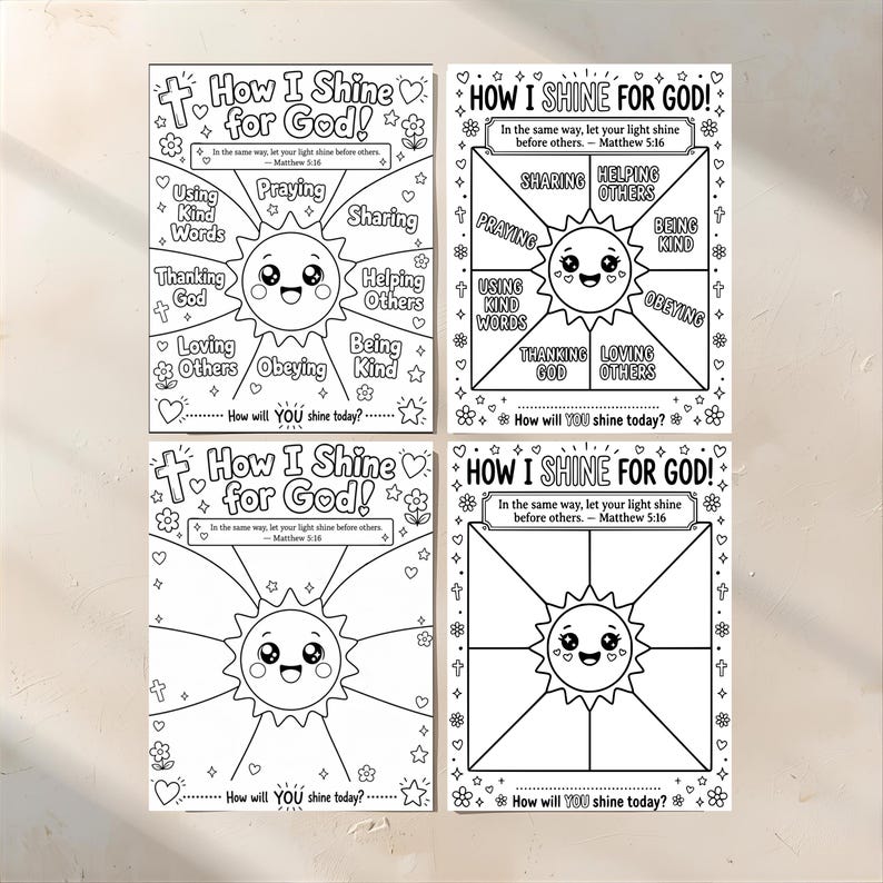 May include: Four black and white coloring pages with the text "How I Shine for God!" and a smiling sun illustration. The pages include prompts like "Using Kind Words" and "Praying".