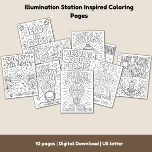Pu&ograve; includere: Una raccolta di dieci pagine da colorare in bianco e nero con temi religiosi. Ogni pagina presenta frasi ispiratrici come "Ges&ugrave; &egrave; la promessa di Dio" e "Lascia che la tua luce risplenda", insieme a elementi decorativi come stelle, lampadine e una bibbia. Le pagine sono per il download digitale.