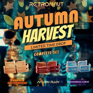 May include: A set of gaming controller shoulder buttons in three colors: Pumpkin Glow Orange, Autumn Alloy, and Paranormal Purple. The text reads RETRONAUT, AUTUMN HARVEST, LIMITED TIME DROP, COMPLETE SET, and the specific color names below each set.