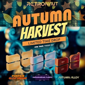 May include: A set of clip lock trigger components in three distinct colours: Pumpkin Glow Orange, Paranormal Purple, and Autumn Alloy. The text Autumn Harvest Limited Time Drop is displayed above the items, with a background of autumn leaves.