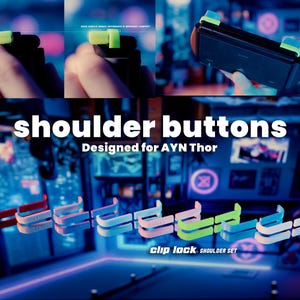 Puede incluir: Un conjunto de botones de hombro con clip diseñados para el dispositivo de juego portátil AYN Thor. La colección incluye varios pares en rojo, blanco, azul claro, rosa y verde neón, con el texto shoulder buttons y clip lock.