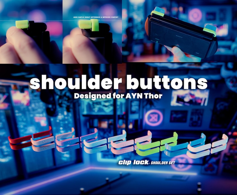 May include: A set of colorful clip-on shoulder buttons designed for the AYN Thor handheld gaming device. The collection includes multiple pairs in red, white, light blue, pink, and neon green, featuring the text shoulder buttons and clip lock.