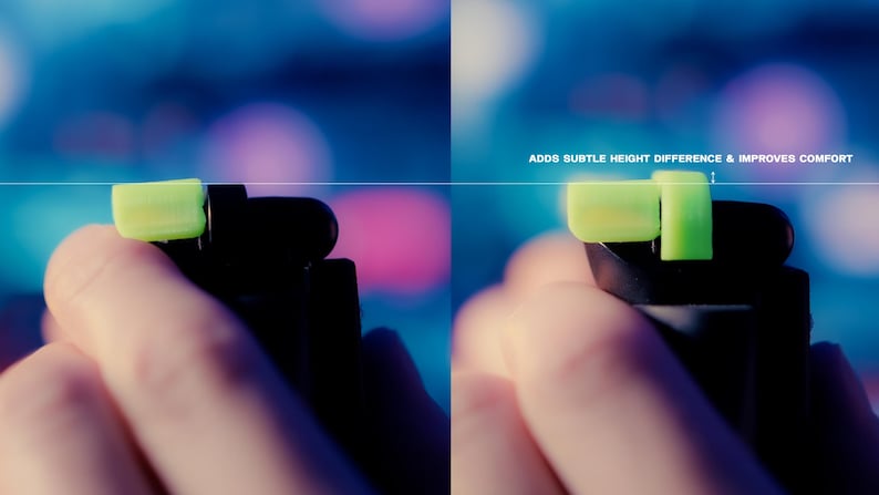 May include: A lime green plastic lighter attachment featuring a horizontal bar and a vertical tab. The text ADDS SUBTLE HEIGHT DIFFERENCE & IMPROVES COMFORT is printed above the attachment, which is shown installed on a black lighter.