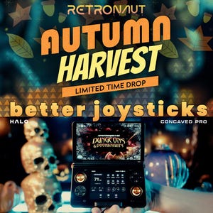 May include: A black handheld gaming console featuring a dual-screen layout, gold-coloured joysticks, and a central display showing the game Dungeons & Doomknights. Text on the screen reads Retronaut Autumn Harvest Limited Time Drop better joysticks.