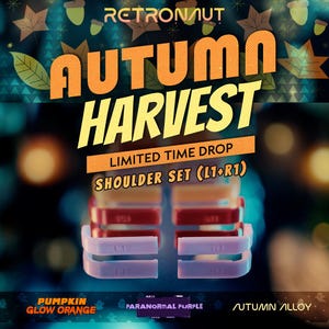 May include: A set of L1 and R1 shoulder buttons in various colours including orange, red, and purple, displayed against a dark background with the text RETRONAUT AUTUMN HARVEST LIMITED TIME DROP SHOULDER SET (L1+R1) PUMPKIN GLOW ORANGE PARANORMAL PURPLE AUTUMN ALLOY.