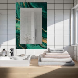 Emerald Gold Marble Resin Mirror, Rectangular Frameless Wall Art