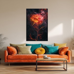 Fire Rose Glass Wall Art, Burning Flower Print, Dark Romantic Floral Decor
