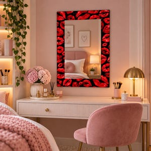 May include: A rectangular wall mirror featuring a bold frame decorated with a repeating pattern of vibrant red lipstick kiss marks on a black background. The mirror surface reflects a bedroom interior with a bed, a lamp, and framed wall art.