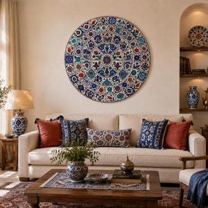 Turkish Iznik Tile Glass Wall Art, Round Ottoman Floral Decor (Tempered Glass)