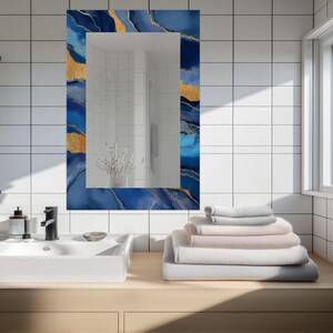 Blue Gold Marble Rectangular Mirror, Abstract UV Printed Edge Wall Art