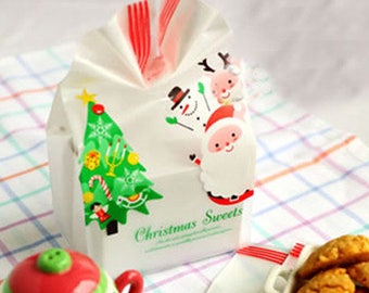 10 Christmas cookie bag, Christmas candy bag, Christmas treat bag, pastry bag, favor bag, goodie bag, Santa Clause and Christmas tree
