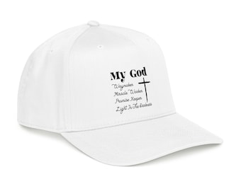 May include: A white baseball cap featuring black text that reads My God, Waymaker, Miracle Worker, Promise Keeper, Light In The Darkness, accompanied by a black cross graphic. The cap has a structured crown, a curved brim, and eyelet vents.