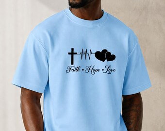 Faith Hope Love T-Shirt, Christian Oversized Tee, Cross Heartbeat Shirt, Religious Graphic Tee for Women Men, Faith Based Streetwear Shirt