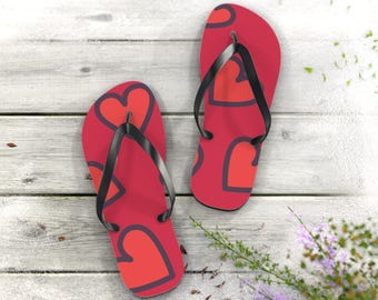 Red Heart Flip Flops for Women | Valentine's Day Sandals | Cute Summer Beach Shoes | Romantic Love Sandals | Vacation Flip Flops