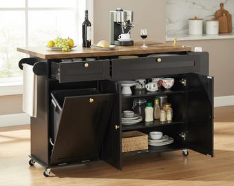 Rolling Kitchen Island Cart 60 inch with Drop Leaf, Storage, Power Outlet
