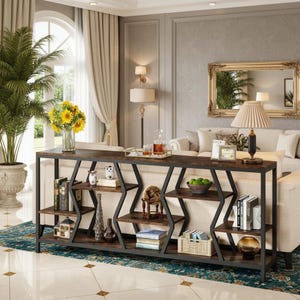 Extra lange industriële bijzettafel met houten planken van 4 verdiepingen