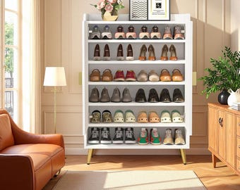 6 Tier Shoe Cabinet with Doors Wooden Storage Organizer Adjustable Shelves Entryway Hallway