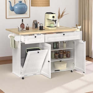 60 Inch Rolling Kitchen Island Cart with Drop Leaf and Power Outlet Storage Cabinet