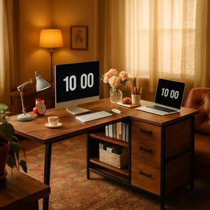 May include: A wooden desk with a computer monitor and laptop, both displaying the time 10:00. A desk lamp, a small clock, and a cup and saucer are on the desk. A vase of flowers and a basket are also visible. The desk is in a room with a warm, inviting atmosphere.
